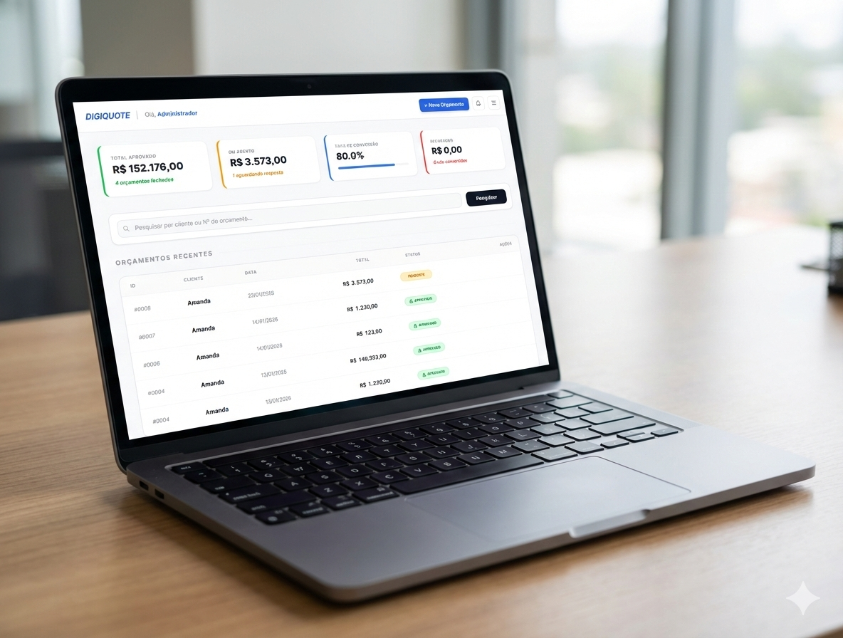 Interface do sistema DigiQuote mostrando dashboard de vendas com gráficos, lista de orçamentos e métricas de conversão
